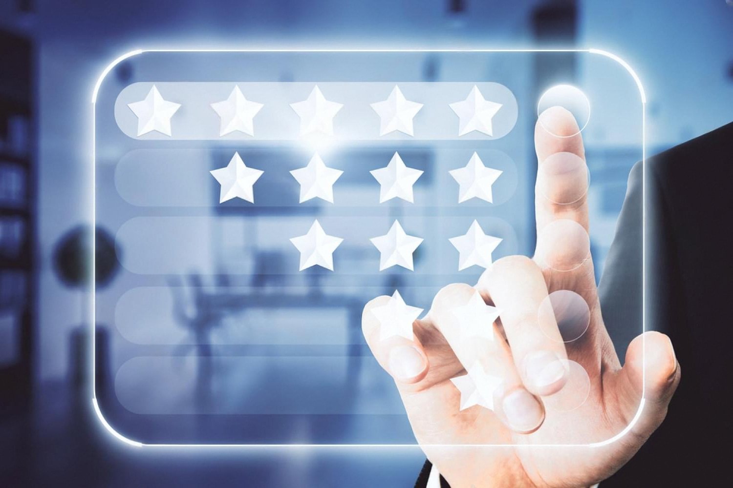 Guest tapping a five-star rating on a mobile check-in app interface