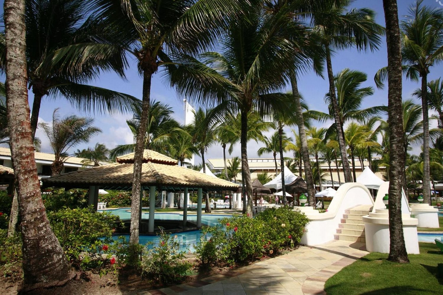 Resort hotel grounds with palm trees and pool where mobile check-in is common
